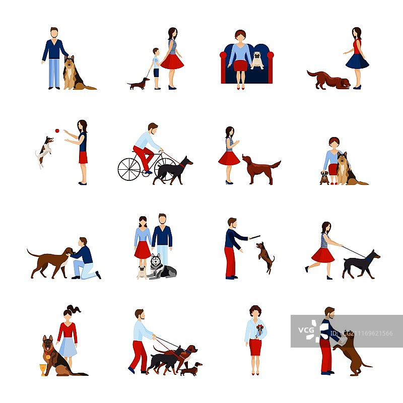不同品种的狗与人玩耍和散步矢量插图图片素材