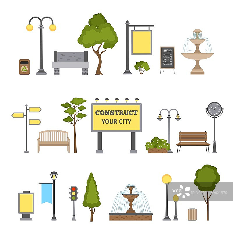 户外和城市景观设计对象集隔离矢量图，户外对象集图片素材