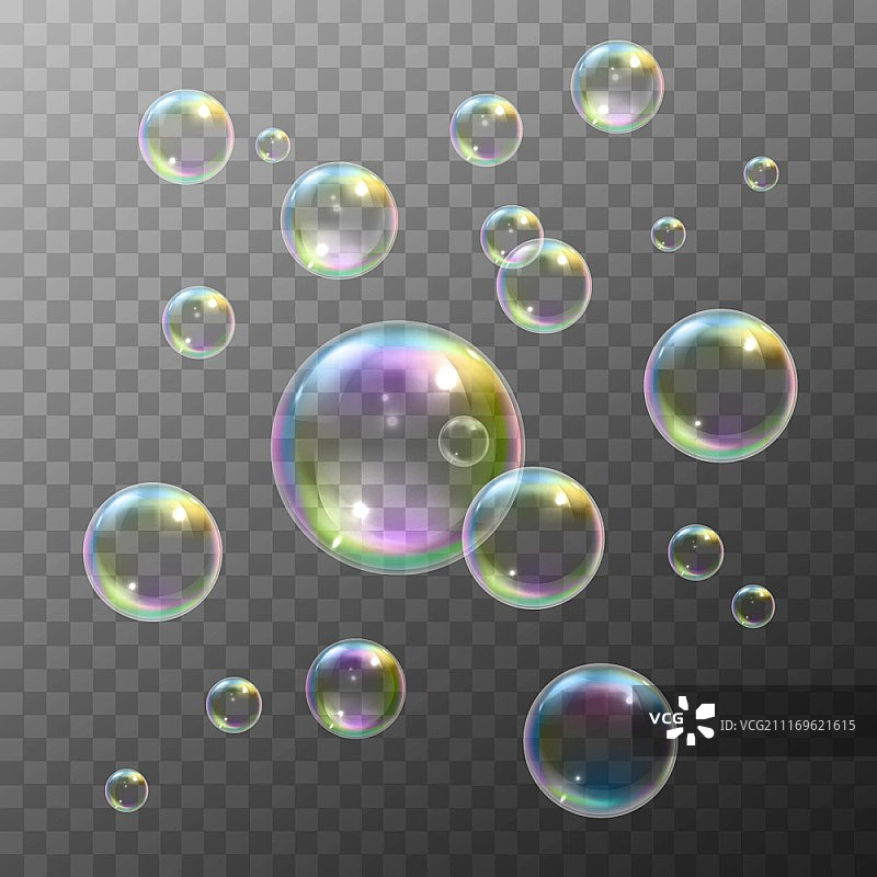 具有彩虹反射效果的逼真肥皂泡矢量图图片素材