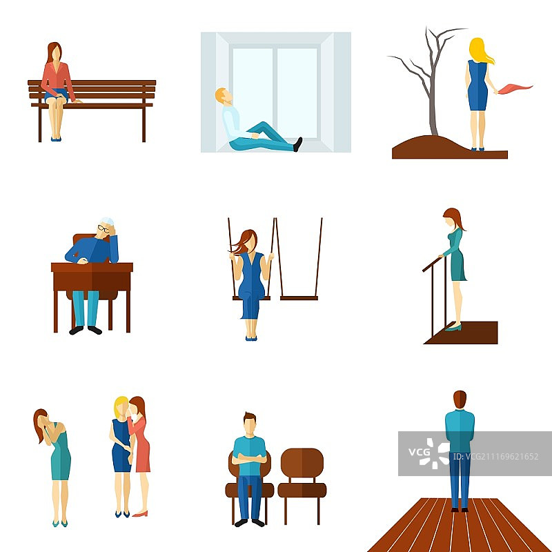 孤独的人扁平图标集。 孤独和不快乐的年轻人和老年男人和女人扁平彩色图标集孤立矢量图图片素材