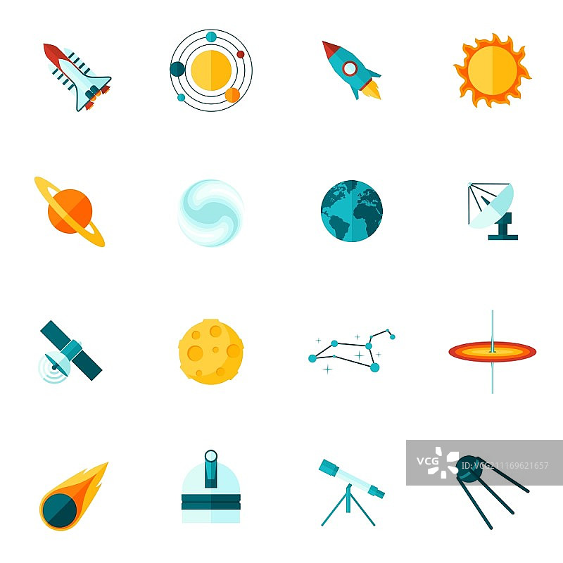 宇宙扁平图标合集：行星卫星航天飞机望远镜星座彩色矢量图标图片素材