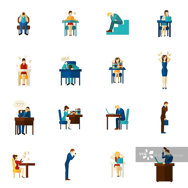 沮丧人群扁平图标集。沮丧和心烦意乱的人，男人和女人歇斯底里的情绪扁平颜色图标集隔离矢量插图图片素材