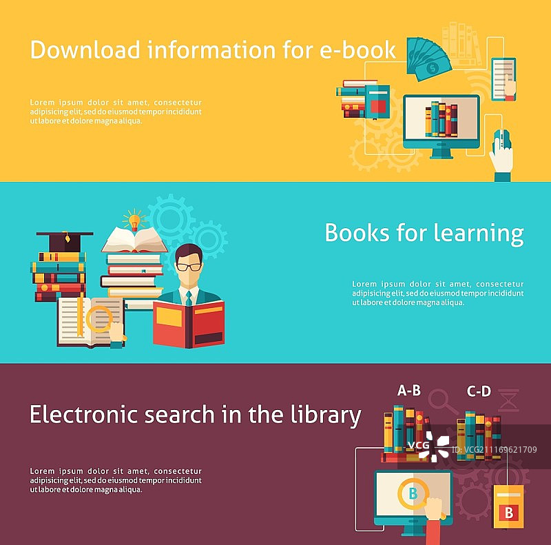 书籍扁平banner合集。用于学习的电子图书馆和纸质书刊扁平彩色横幅合集独立矢量图图片素材