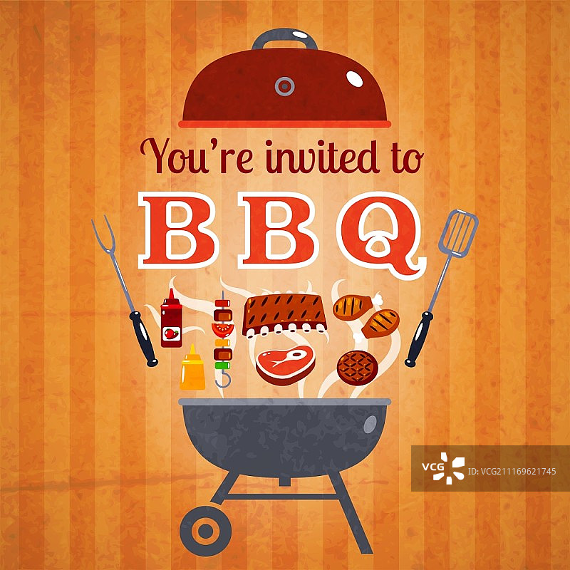 烧烤邀请活动宣传海报：牛排汉堡番茄酱烧烤派对邀请公告图片素材
