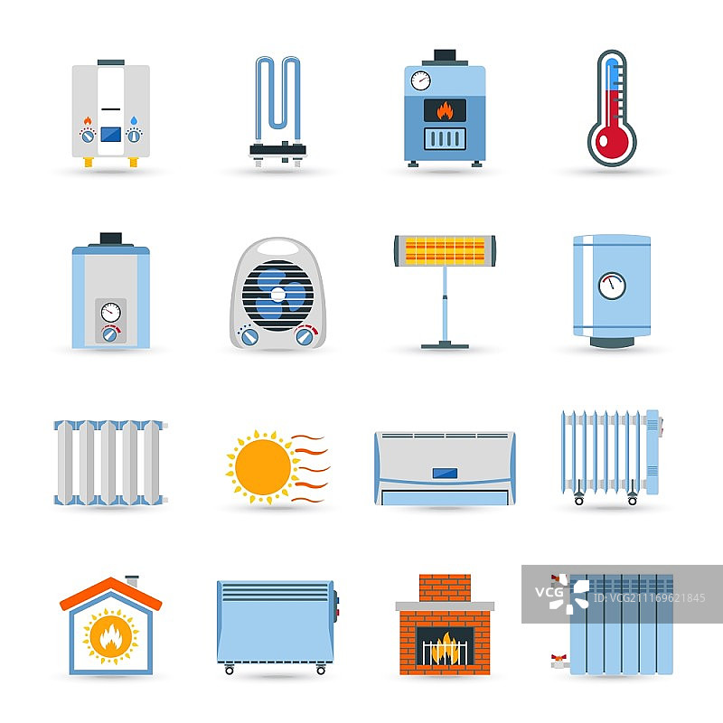 采暖设备彩色图标集：锅炉、散热器和壁炉矢量图图片素材