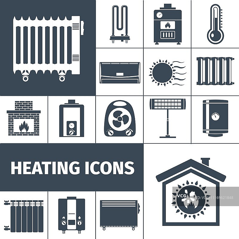 供暖设备扁平图标集：锅炉散热器壁炉家居剪影装饰矢量图标图片素材