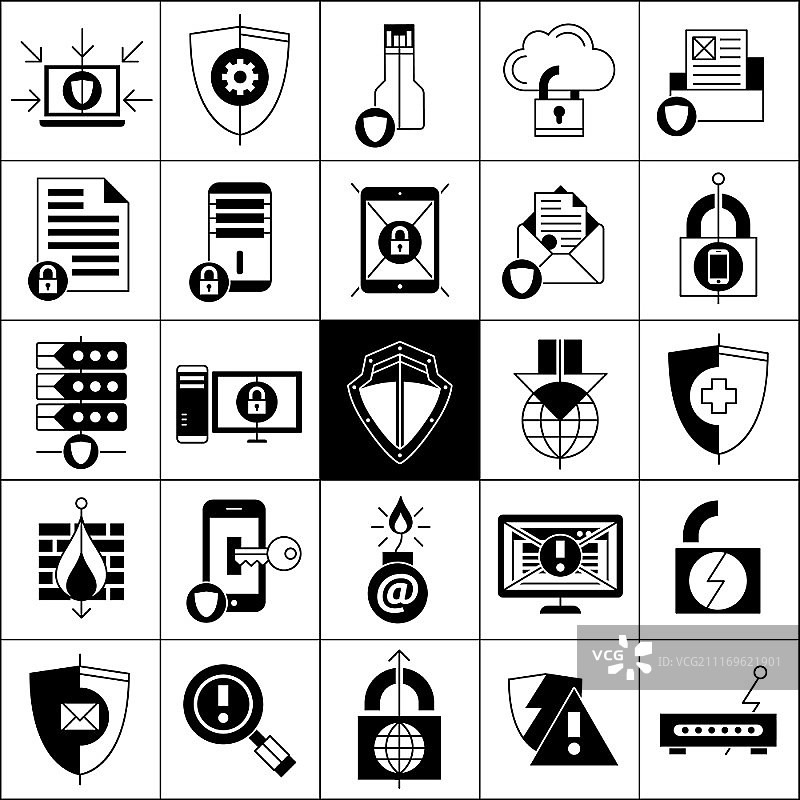 数据保护图标集：数据保护线黑色白色图标集，带有盾牌锁和邮件平面隔离矢量图图片素材