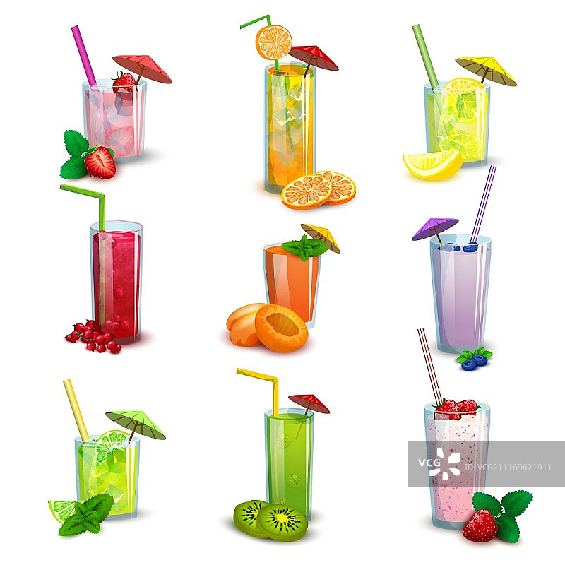 夏日饮品扁平图标集，奶昔与水果鸡尾酒图片素材