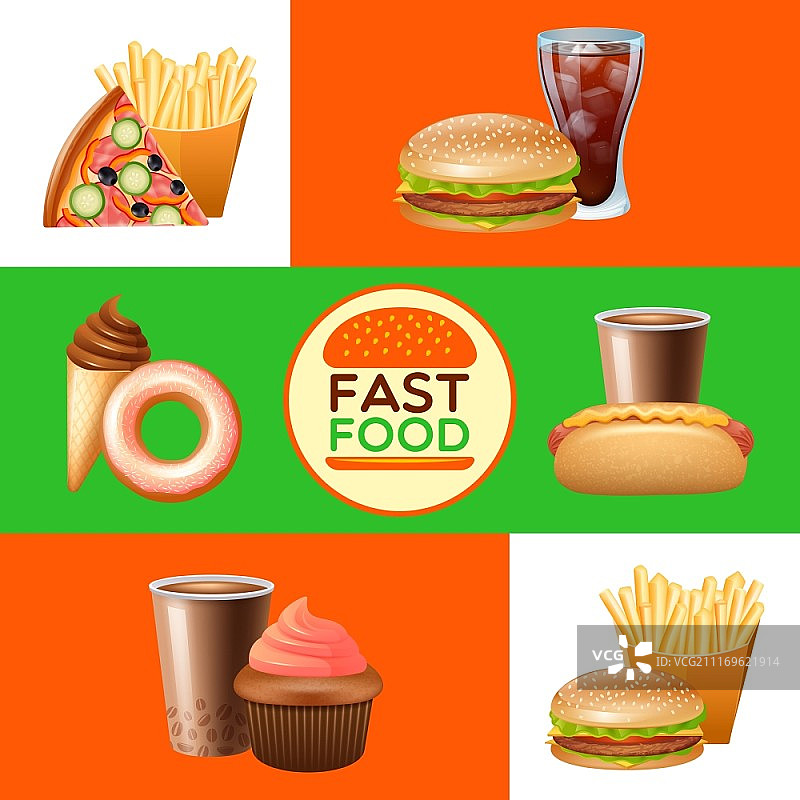 快餐店菜单banner合集：披萨和热狗扁平横幅矢量素材图片素材