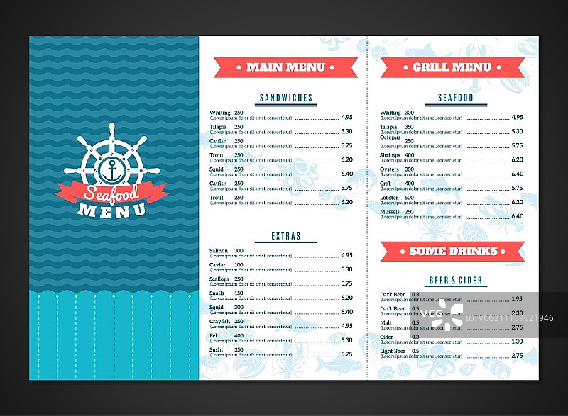 鱼类和海洋动物菜肴海鲜餐厅菜单模板矢量插图图片素材