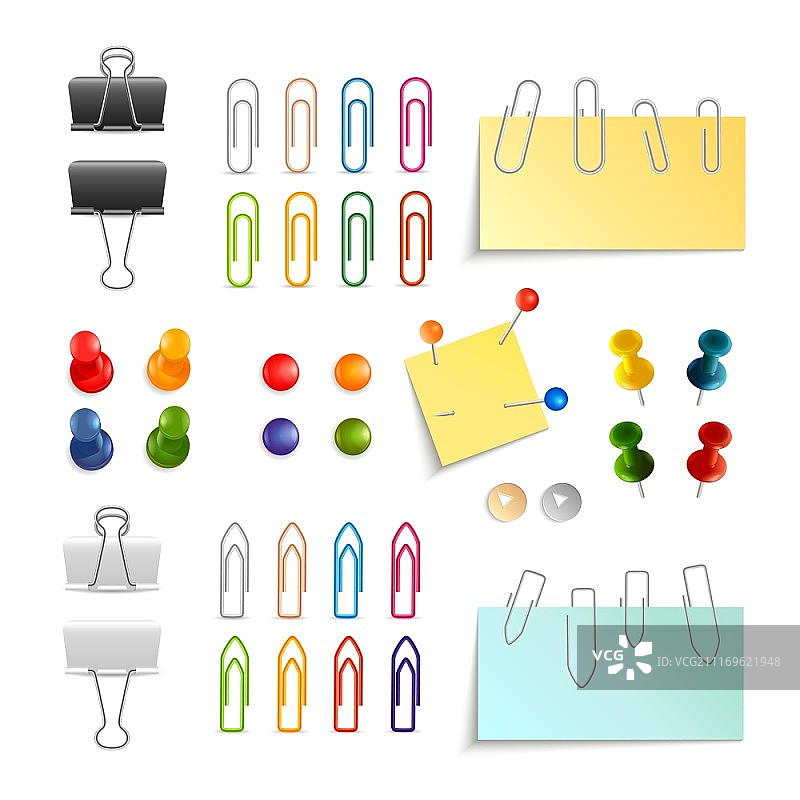 曲别针和图钉套装：白色、黑色和彩色3D对象集，矢量素材图片素材