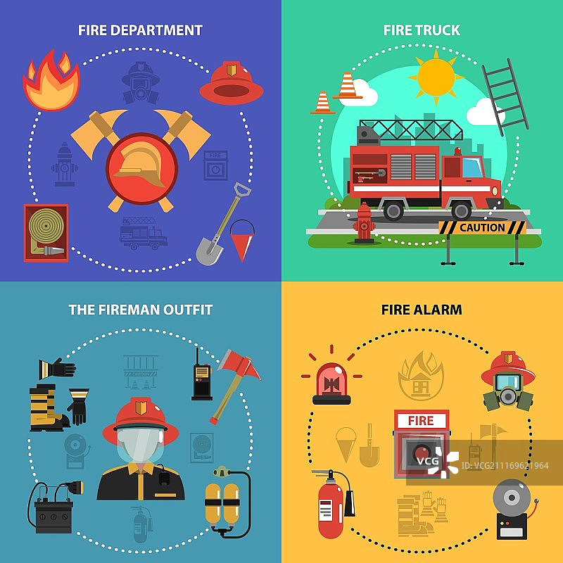 消防设计概念：消防车装备及火警警报扁平图标矢量素材图片素材