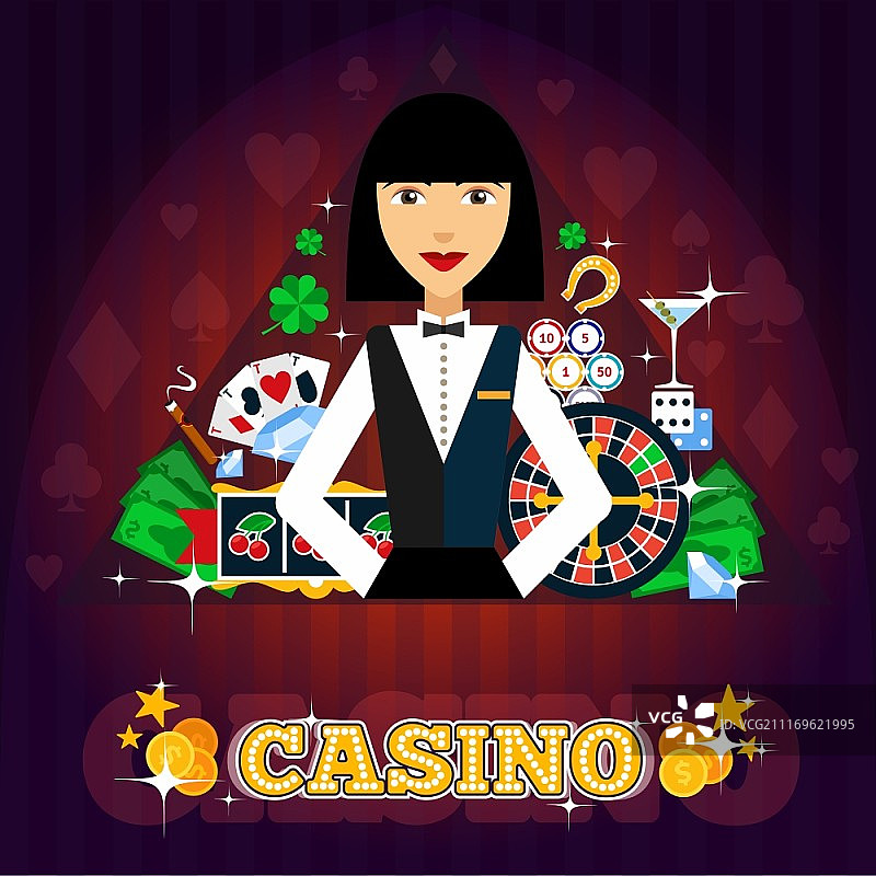 赌场发牌员概念。包含纸牌、轮盘赌、鸡尾酒和三叶草的赌场发牌员概念扁平矢量图图片素材