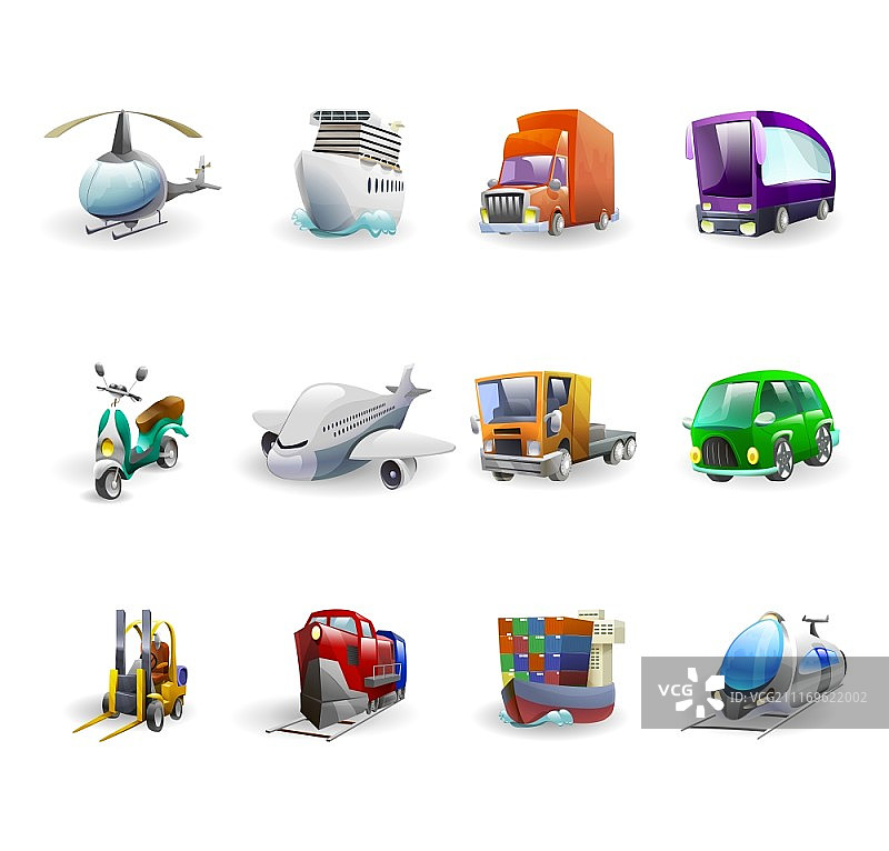 运输和配送图标集，包含货船、飞机、汽车和公共汽车的卡通图标集矢量图图片素材