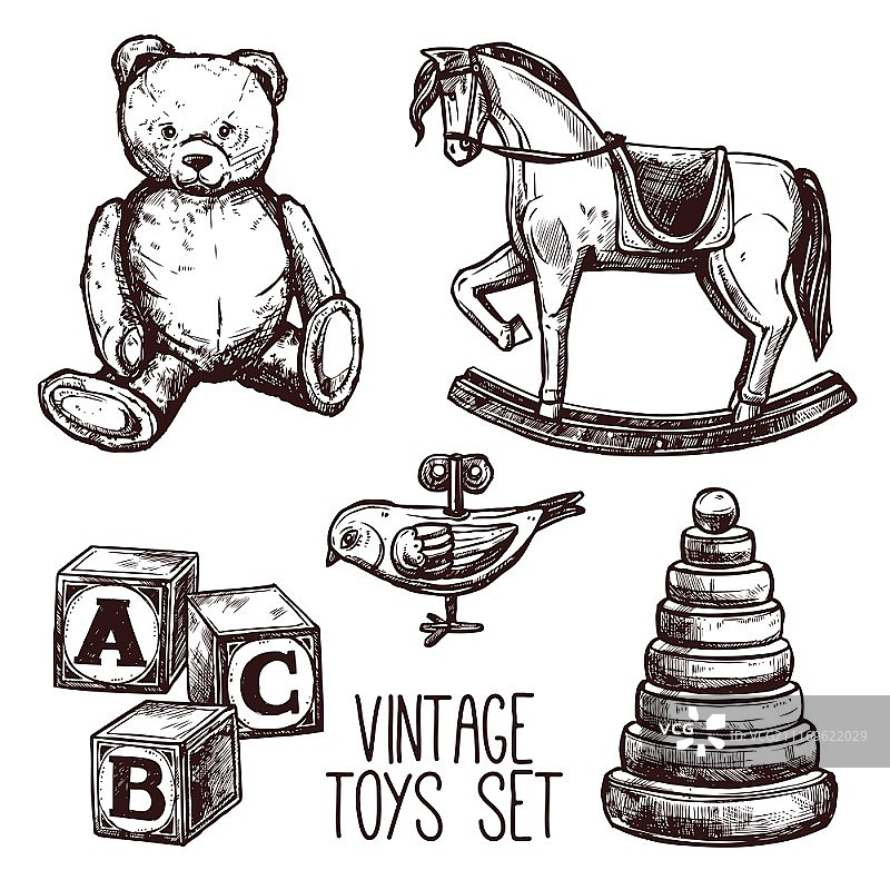 复古玩具：泰迪熊、摇马和金字塔图片素材