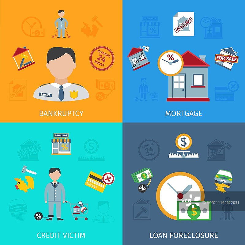 贷款止赎设计概念与信用受害者扁平图标隔离矢量插图图片素材