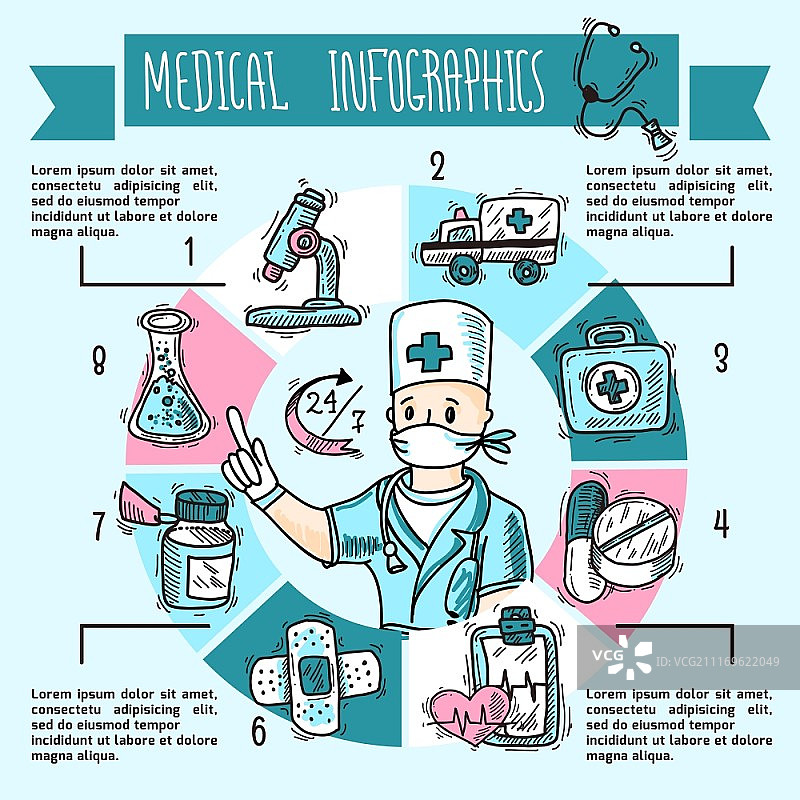 医学信息图草图：包含医生图表和医疗保健元素的医学信息图草图集矢量图图片素材