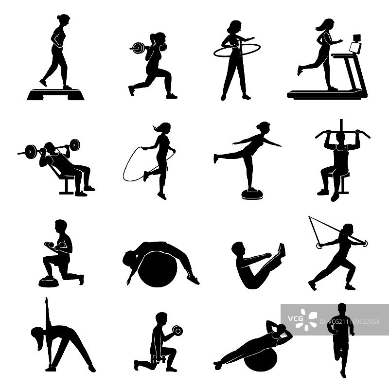男女健身运动图标合集：有氧运动和塑形练习图片素材