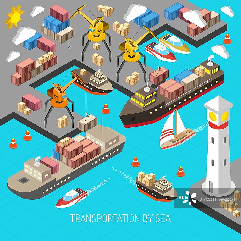 海运物流概念：集装箱运输船和货物2.5D矢量图图片素材