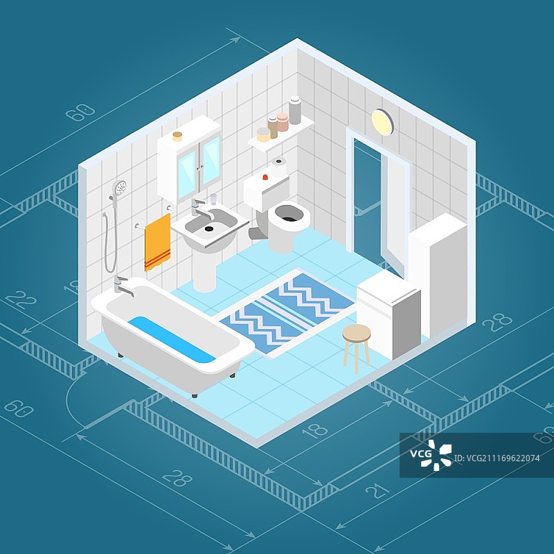 3D浴缸和家具图标的浴室2.5D内景图片素材