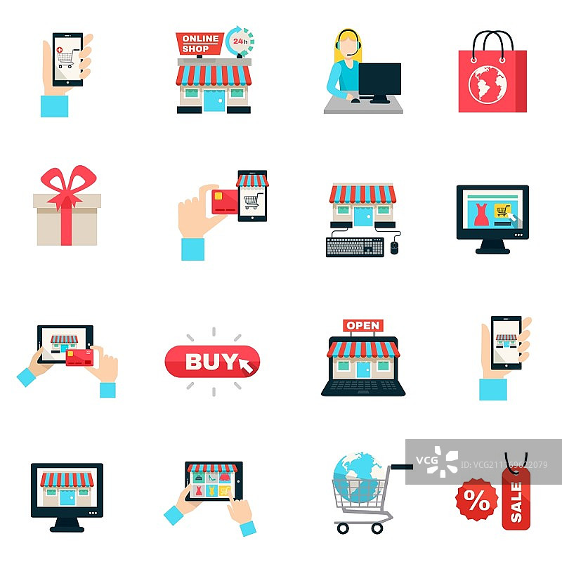 互联网购物扁平图标集。互联网购物在线商店和配送服务符号扁平彩色图标集隔离矢量插图图片素材