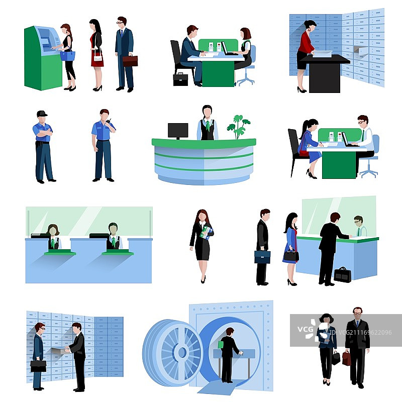 银行工作人员和顾客装饰图标扁平化设计矢量图图片素材