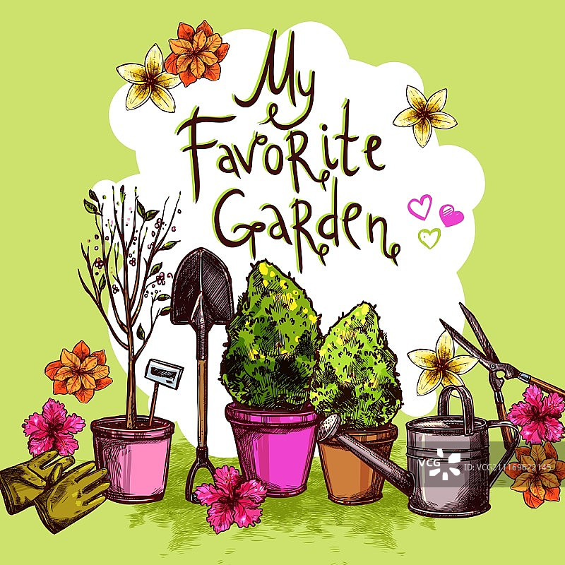 花园素描套装，含苗木设备、盆栽植物和花卉矢量插图图片素材