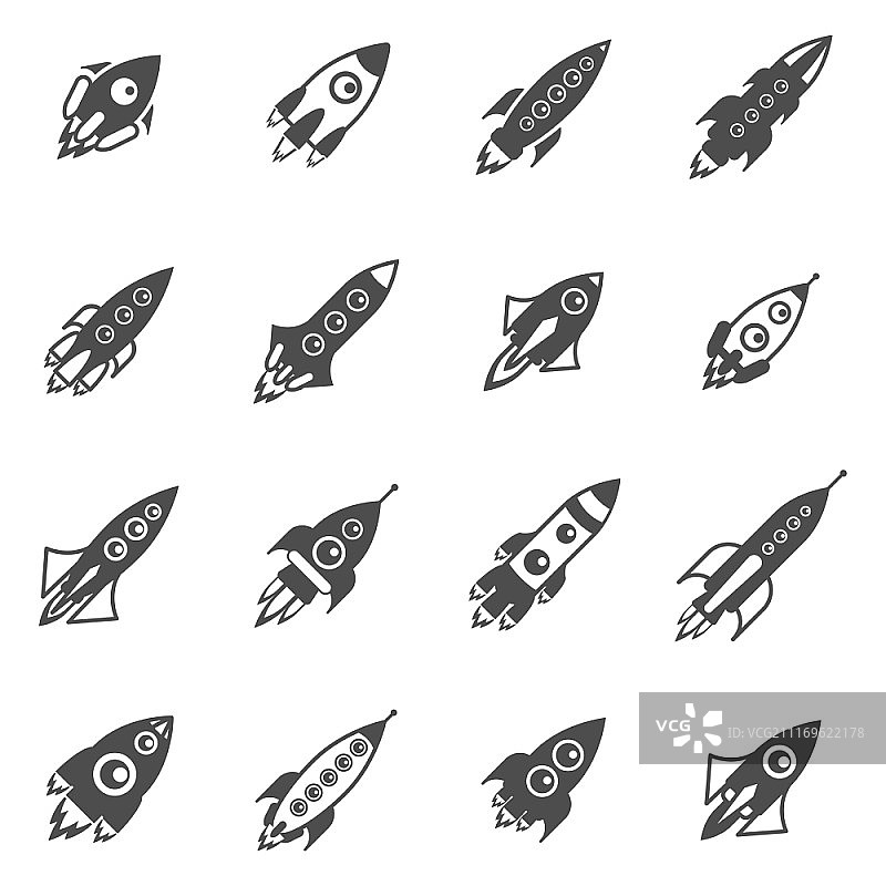 太空火箭黑白图标集。带有启动和飞行标志的太空火箭黑白图标集，扁平隔离矢量图图片素材