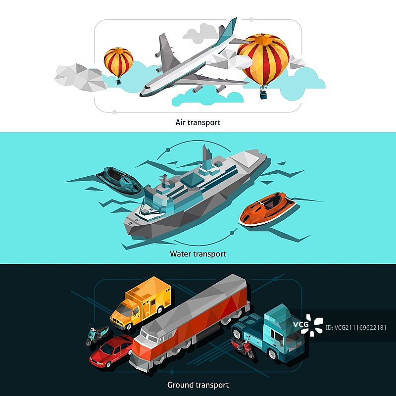 低多边形交通工具等距横幅：空中、水上和地面车辆图片素材