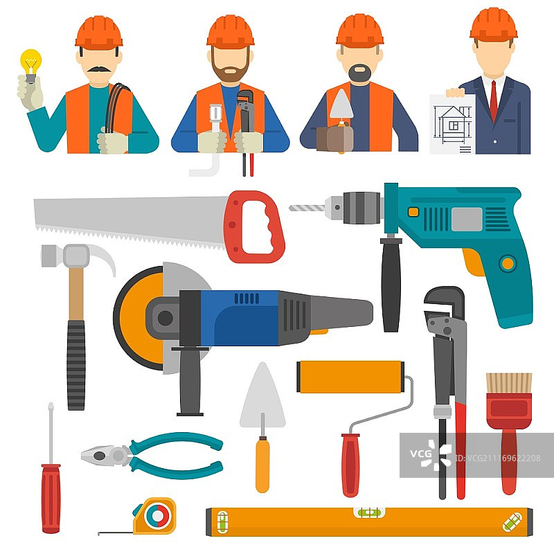 包含工程师头像和工人工具的建筑图标扁平化设计矢量插图图片素材