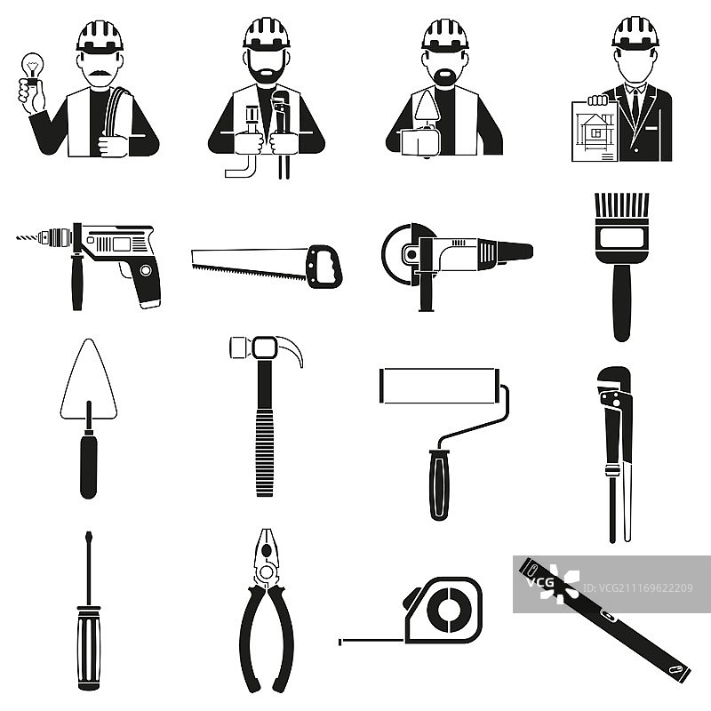 带夹钳锤工程师人物的黑色建筑图标矢量图图片素材