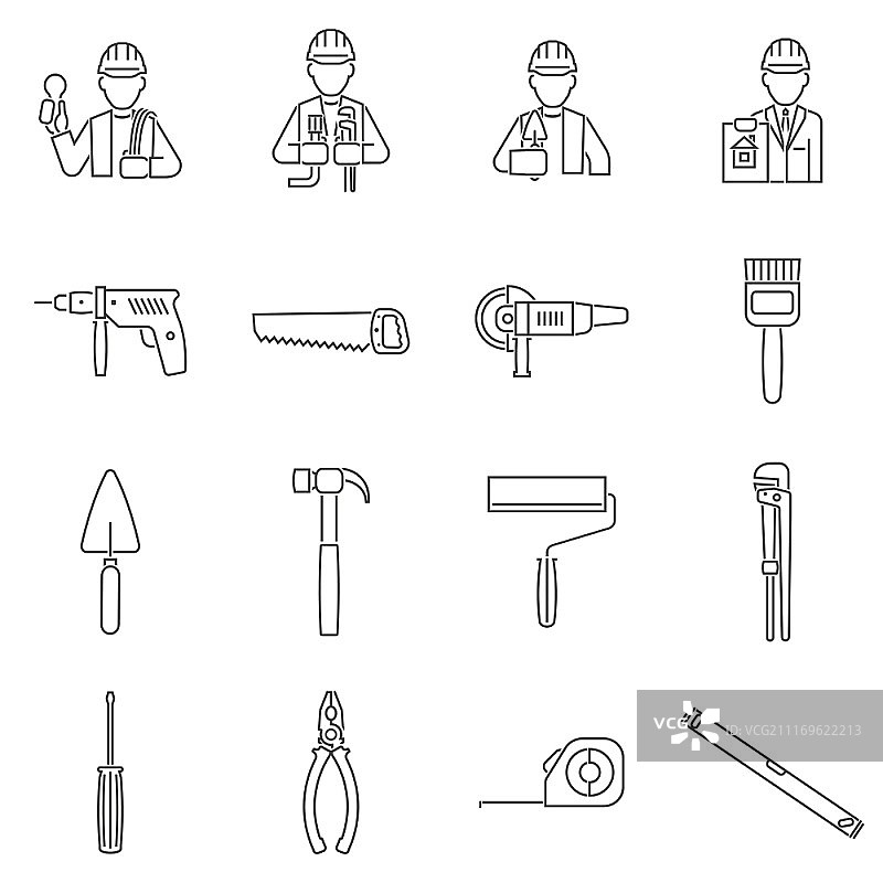 建筑设备和工具图标线性集合矢量图图片素材
