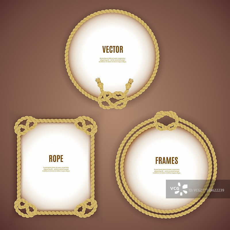 圆形和方形绳索框架，棕色背景中孤立的圆形和方形复古绳索框架矢量图图片素材