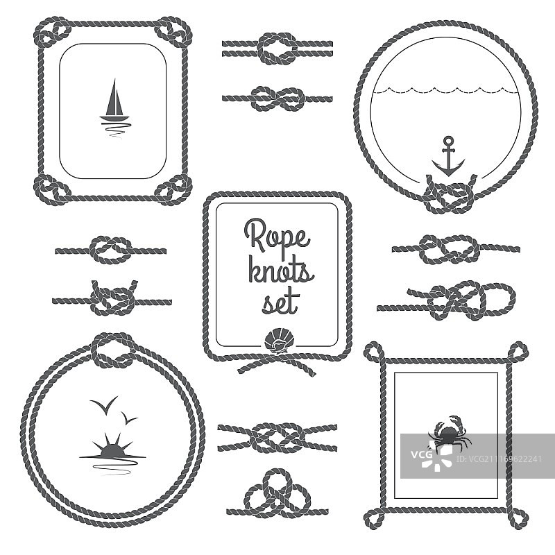 黑白绳索边框合集：圆形和方形绳索边框及各种绳结矢量素材图片素材
