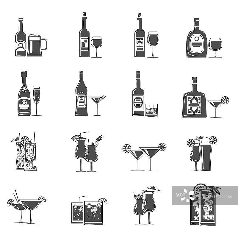 黑色鸡尾酒饮品和茶点图标集（独立矢量插图）图片素材