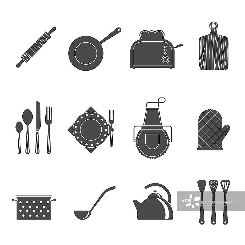 厨房用具黑色图标集：厨房用具和配件图标，带砧板和围裙黑色抽象矢量图图片素材