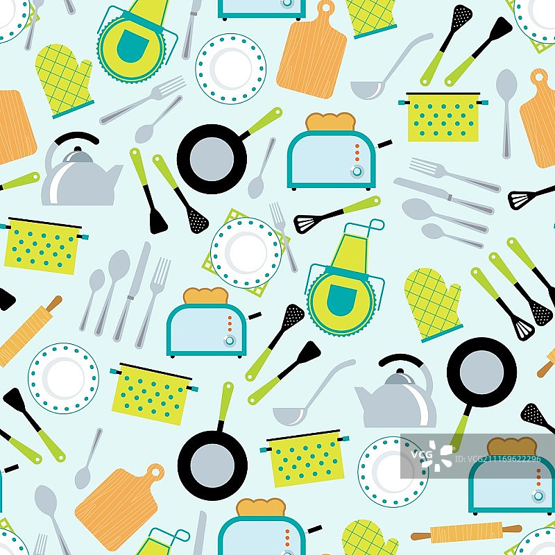 烹饪配件无缝图案：厨房配件工具和餐具装饰无缝包装纸平铺图案抽象矢量图图片素材