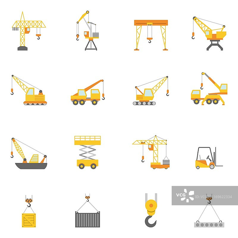 建筑施工起重机扁平图标集图片素材
