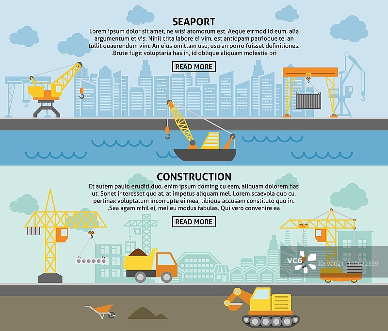 建筑施工起重机扁平banner合集：港口货运起重机与建筑塔式起重机图片素材