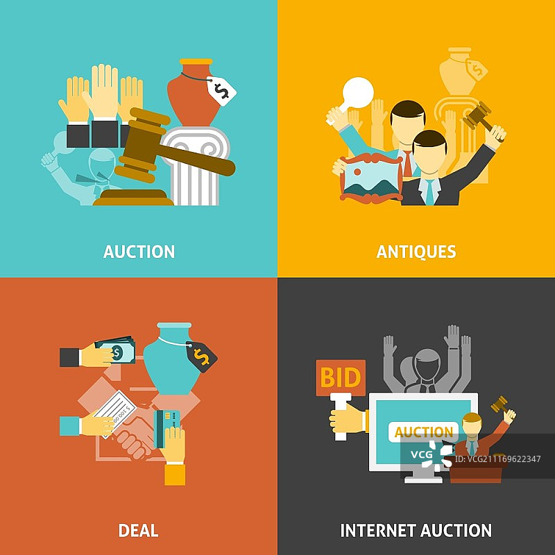 拍卖交易图标集。包含古董和网络竞标的拍卖交易图标集扁平化隔离矢量图图片素材