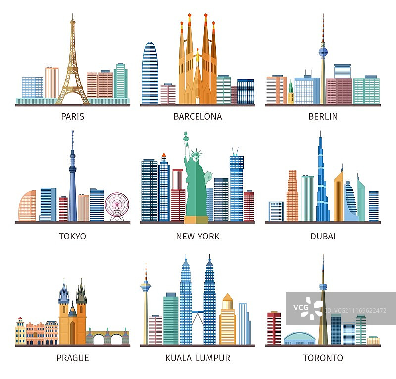 《城市天际线》图标集：包含埃菲尔铁塔和自由女神像的世界城市天际线扁平矢量图图片素材