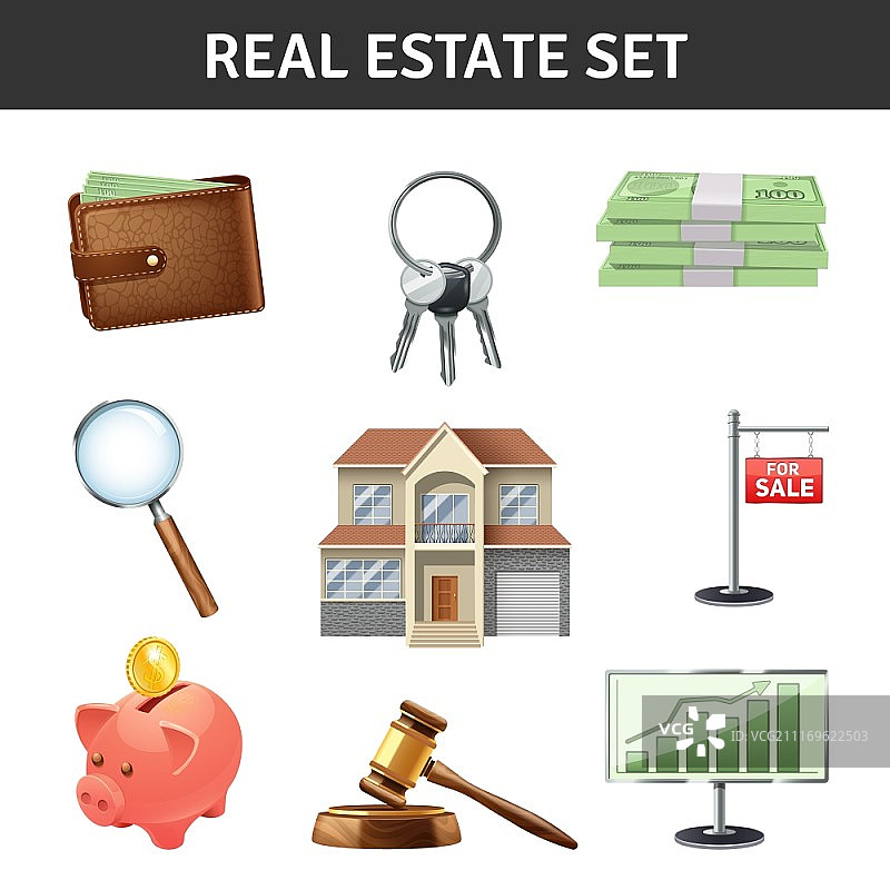 房地产图标集：包含房屋钥匙和钱币的真实感房地产图标矢量素材图片素材