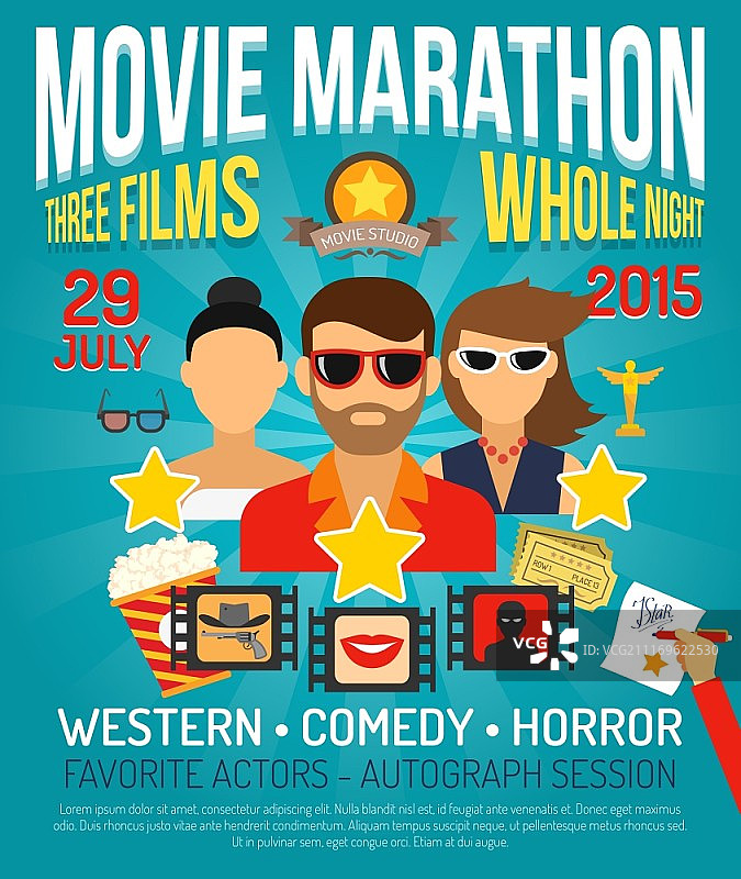 电影马拉松宣传海报与演员肖像扁平矢量图图片素材