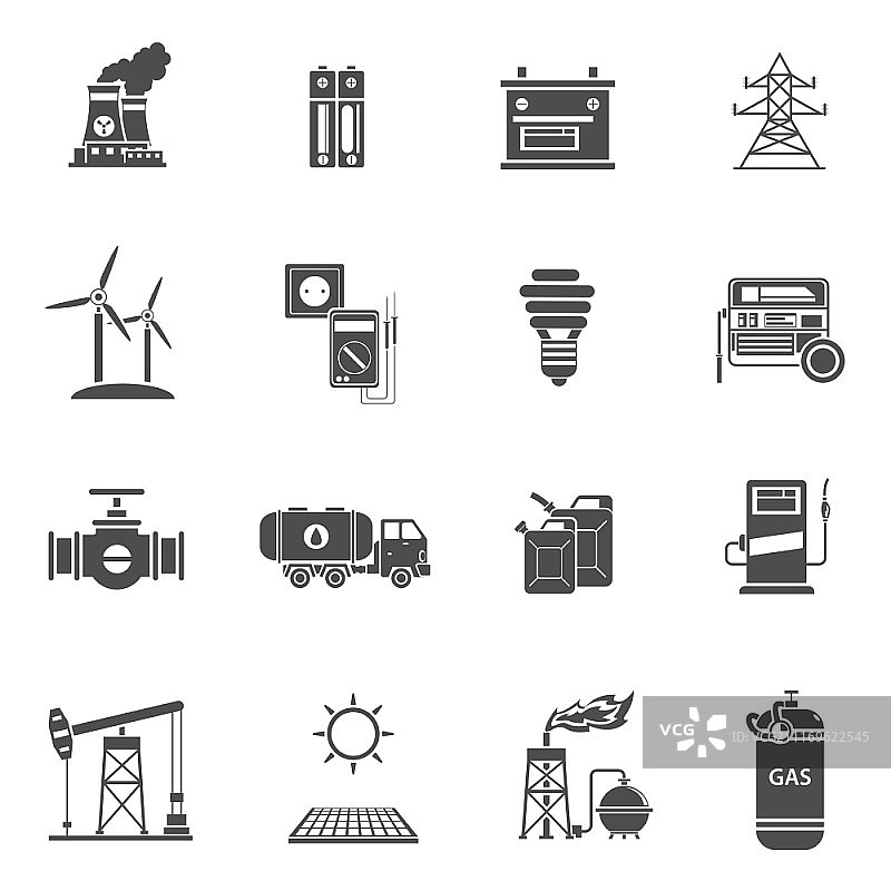 能源黑色图标集环保能源风车和太阳能电池黑色图标集抽象孤立矢量图图片素材