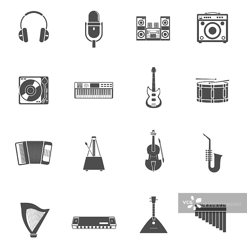 乐器图标集：含小提琴、吉他和立体声音响的黑白图标图片素材