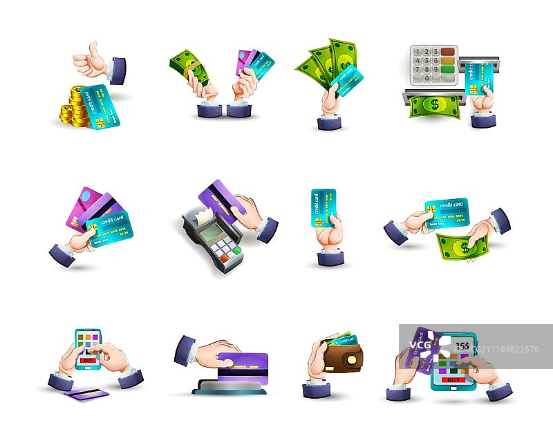 信用卡支付图标集：电子现金和信用卡在线支付方式概念抽象矢量图图片素材