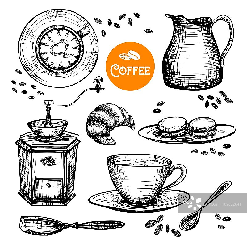 手绘咖啡器具矢量图图片素材