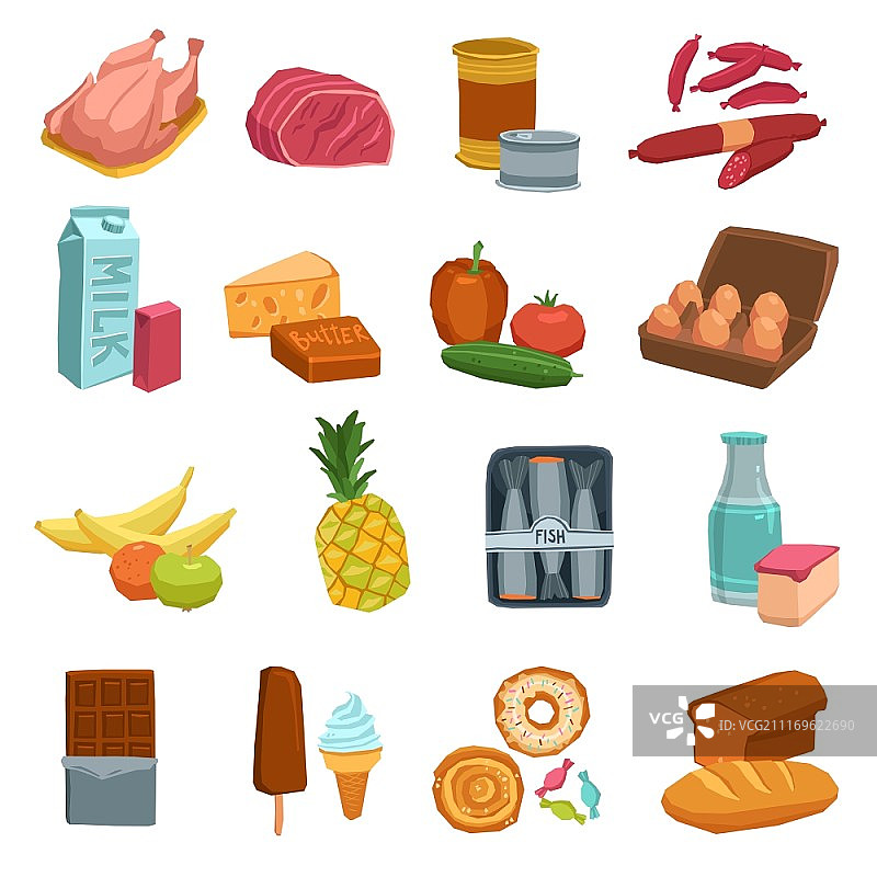 超市食品套餐：含有火腿、牛奶、鸡肉的超市食品和饮料套餐矢量图图片素材