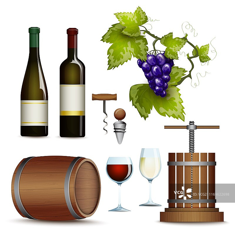 葡萄酒图标扁平化合集：传统葡萄酒厂生产，包含葡萄压榨机和红酒瓶扁平图标抽象矢量图图片素材