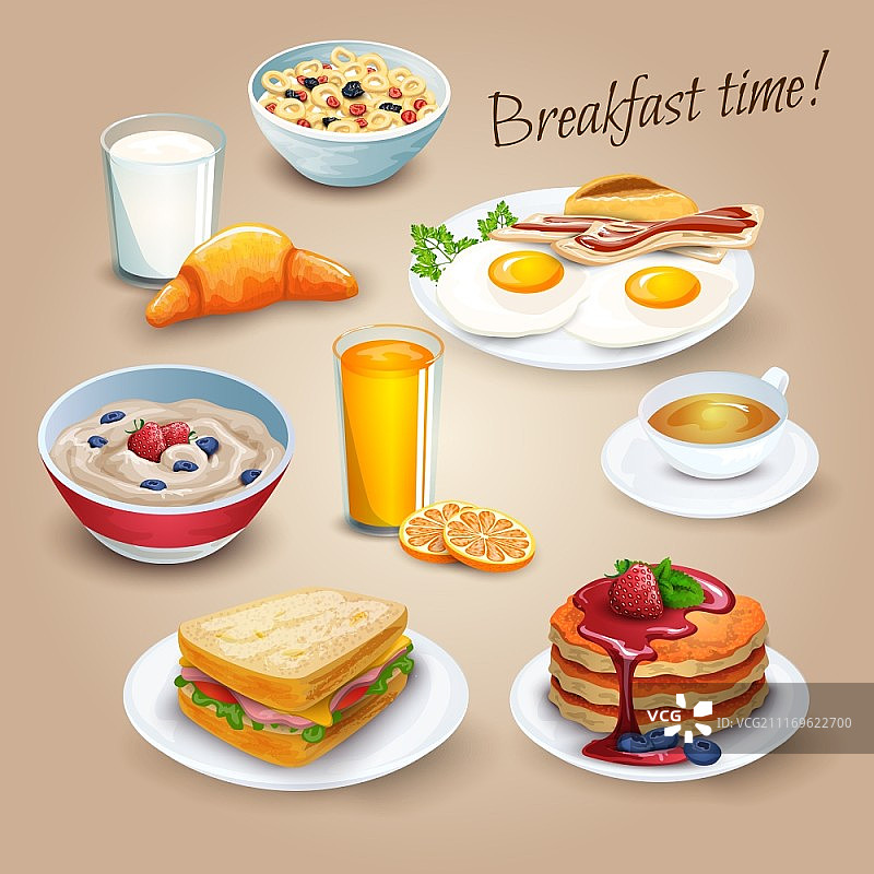 经典酒店早餐菜单海报，含煎蛋、培根和橙汁图片素材